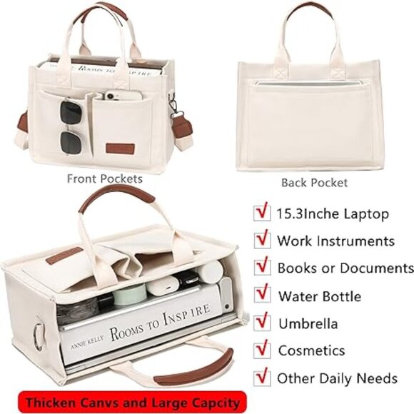 Tote Bag for Women With Compartments,Large Canvas Tote - Picture 2 of 3